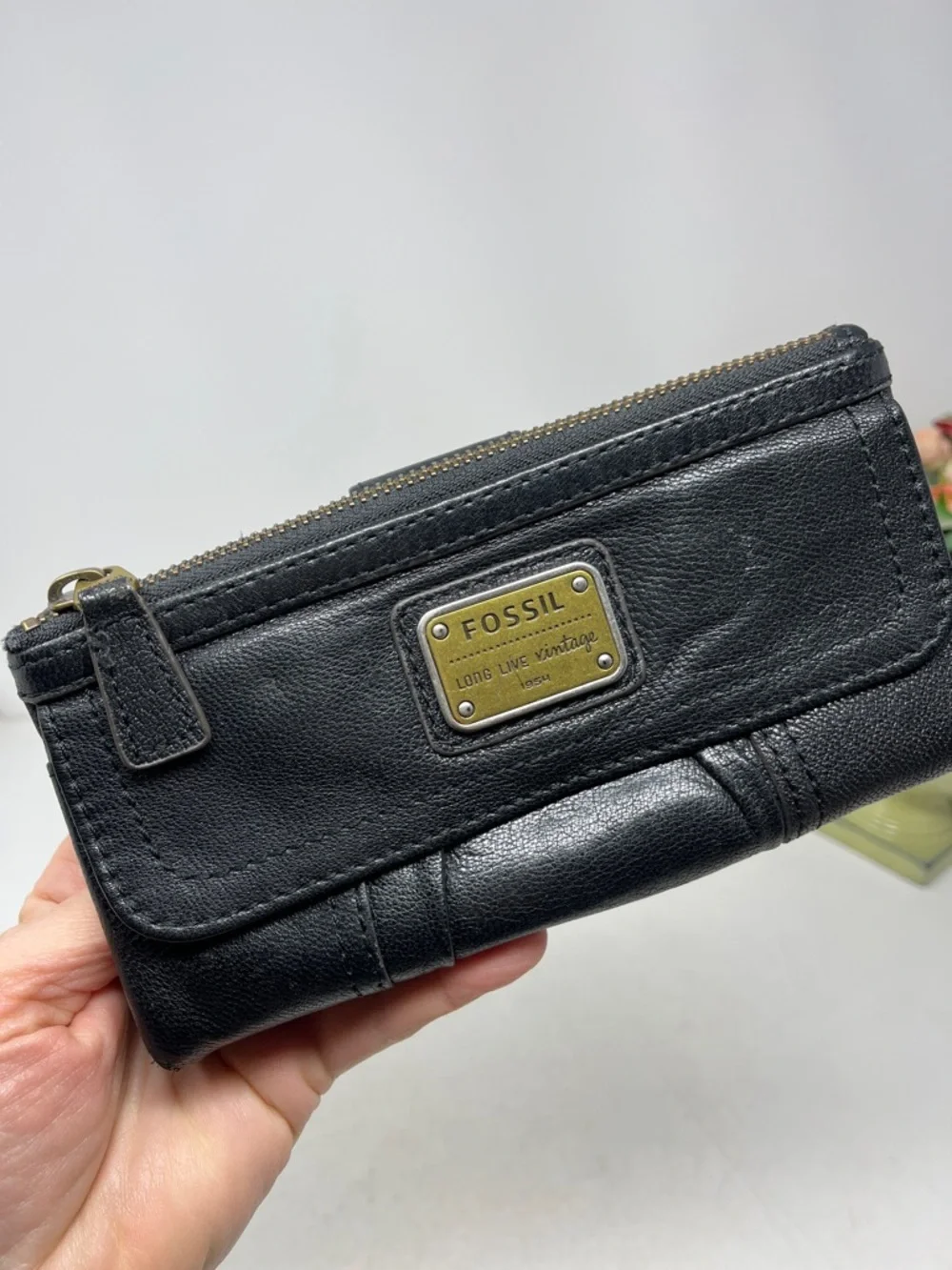 FOSSIL LONG LIVE VINTAGE 1954 Black Genuine Leather Emory Wallet Organizer